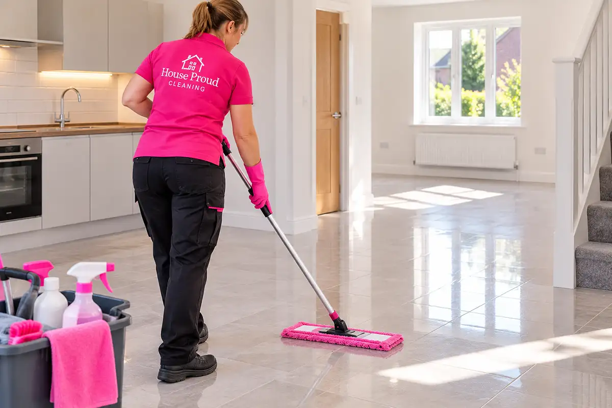 Cleaner mopping the floor of an empty rental property