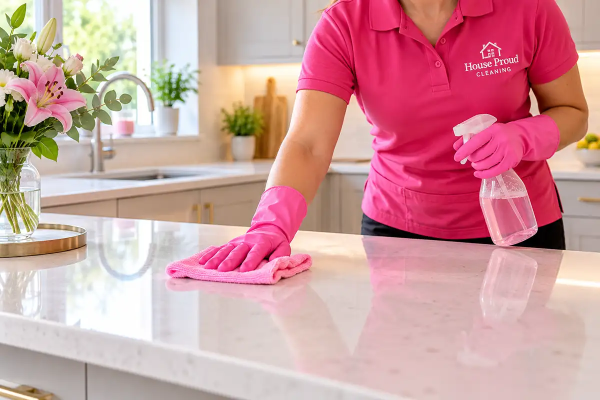 Cleaner in pink uniform wiping a kitchen worktop